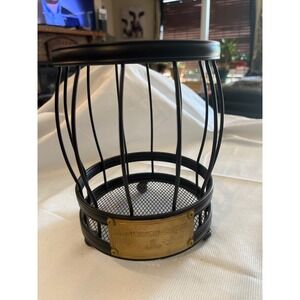 MacKenzie-Childs Black Wrought Iron Cage Basket Brass Logo Plate Mesh Bottom